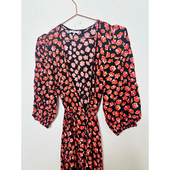 GANNI Red Black Floral Wrap Puff Sleeves V-Neckline Midi Dress size 36 - Picture 14 of 16